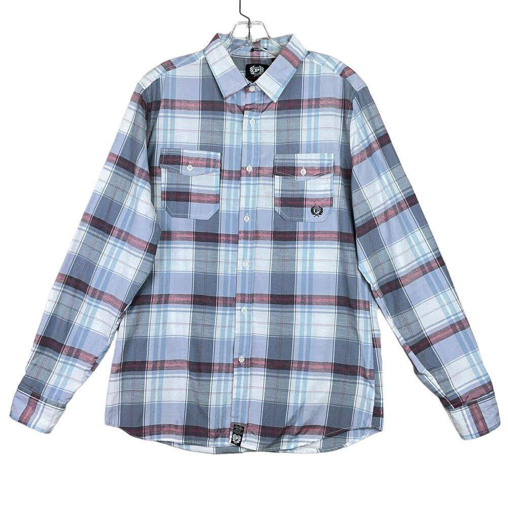Phat Farm Men’s Shirt L Blue Plaid Roll Tab Long Sleeve Button Up Casual Urban